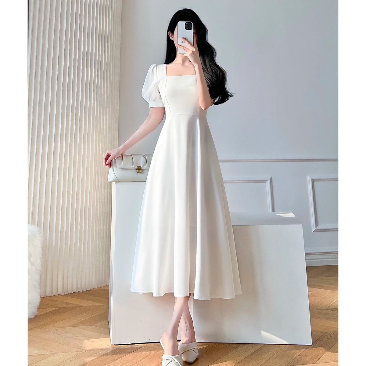 Women's Retro Square Neck Midi Dress
