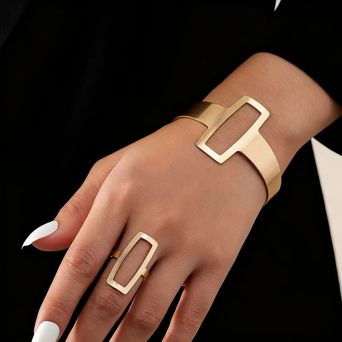 Women's Geometric Open Bracelet & Ring Set