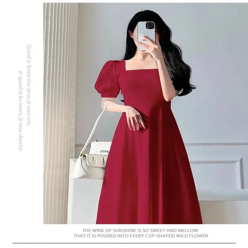 Women's Retro Square Neck Midi Dress