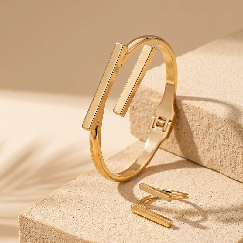 Women's Geometric Open Bracelet & Ring Set