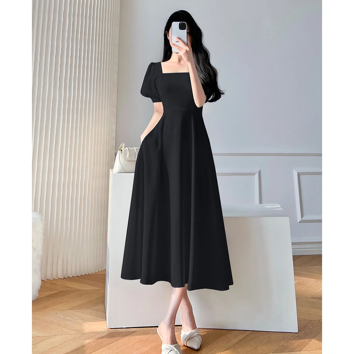 Women's Retro Square Neck Midi Dress